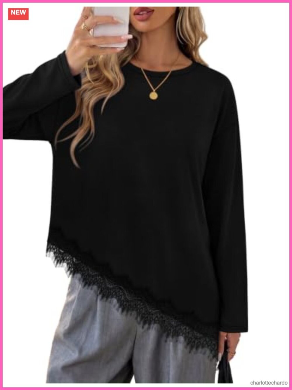 Women's Long Sleeve Tunic Top with Lace Hem